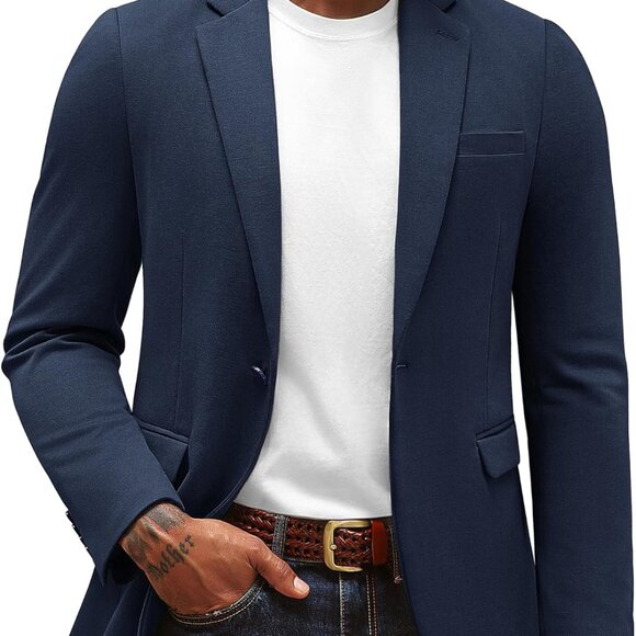 Men's Casual Knit Sport Coats One Button Slim Fit Blazer Notch Lapel Solid Suit